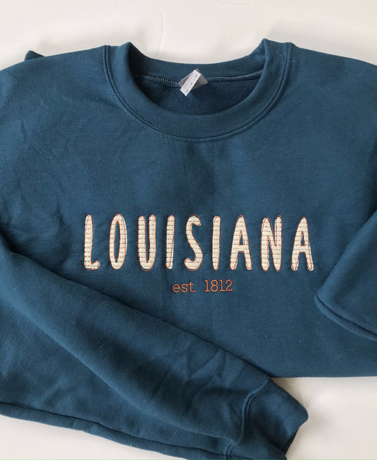 Louisiana Offset Outline Machine Embroidered Teal Sweatshirt